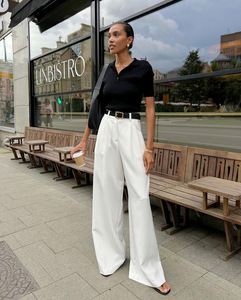 Cina produttore di abbigliamento all'ingrosso semplice Casual a vita alta bianco solido Chic Design <span class=keywords><strong>pantaloni</strong></span> eleganti larghi <span class=keywords><strong>pantaloni</strong></span> <span class=keywords><strong>lunghi</strong></span> da donna - Product Image 3