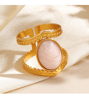 Bague élégante en acier inoxydable avec pierre naturelle ajustable, géométrique, ovale rose, pour femme, vente en gros
