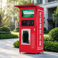 Máquina expendedora de agua purificada por ósmosis inversa para exteriores, con sistema de pago por monedas, tarjeta de crédito y código QR.