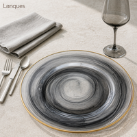 Assiette de présentation décorative en verre gris marbré à bord doré pour événements et décoration de table à domicile