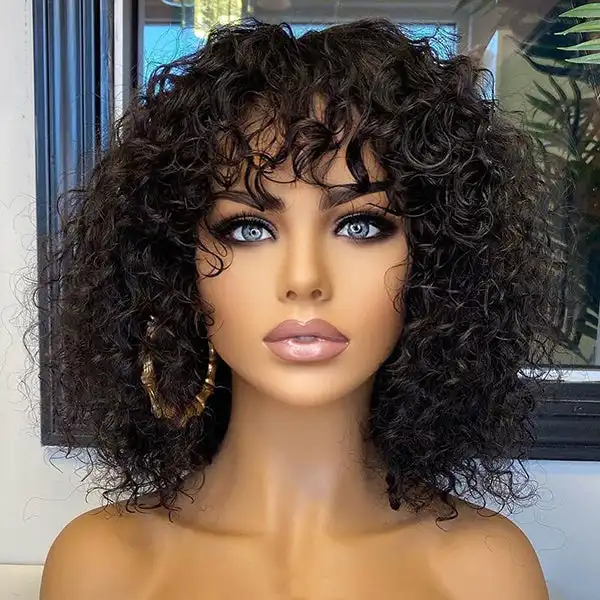 Hot Beauty 12a Virgin Haar Super Dubbele Getrokken Ruwe Krullend Pruik Fringe Korte Krullend Menselijk Haar Pruik Met Pony Voor zwarte Vrouwen