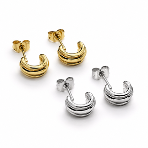 Pendientes de tuerca de doble curva, acero inoxidable con baño de oro de 14K, pequeños pendientes curvos pulidos, color oro y plata - Product Image 1