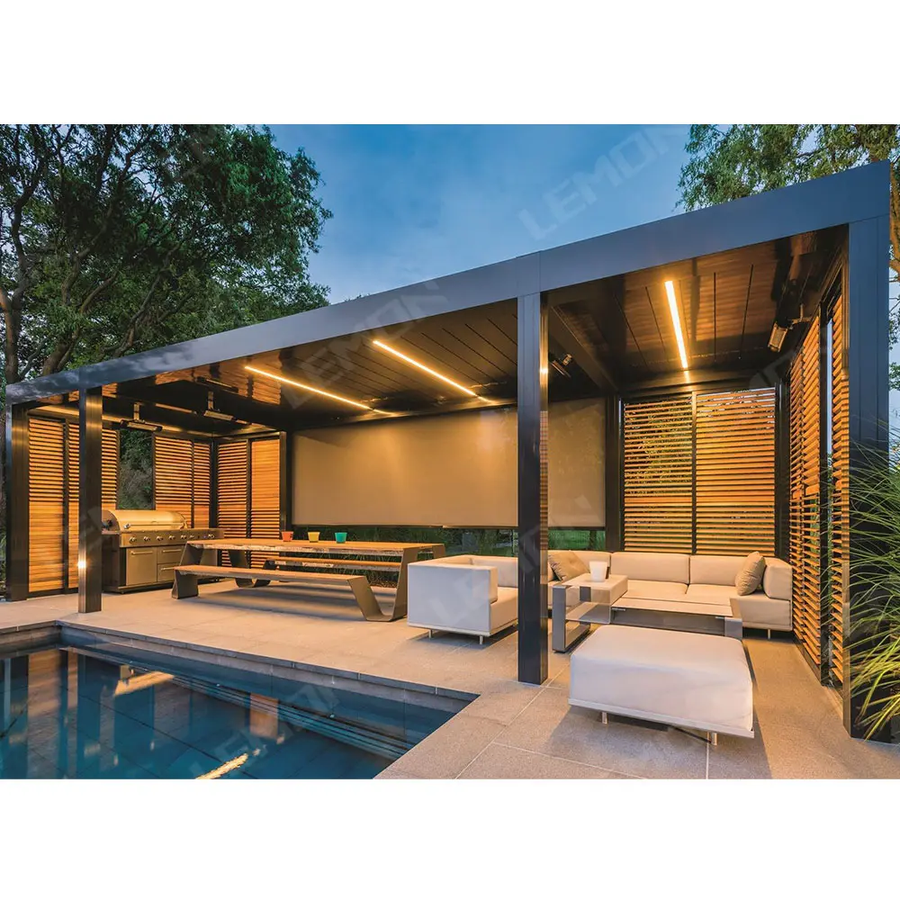 Pergola aluminium eksternal 3x3m 3x4 layar naungan pergola taman metal kolam atap baja tertutup untuk pergola