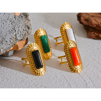 Bague ouverte géométrique carrée JINYOU 1513 en acier inoxydable avec pierres noires, rouges, blanches et vertes, ajustable, tendance, bijou doré