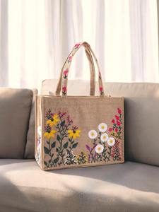 Stylish Fashion Summer Jute Carry Bags Beautiful Handles Embroidery Work Letter Pattern Medium Size for Women Daily Use - Product Image 4