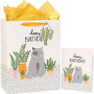 <b>Large</b> <b>Gift</b> <b>Bag</b> With Card And Tissue Paper Cat Plant Design Birthday Party Art Paper Offset Printing - Product Image 1
