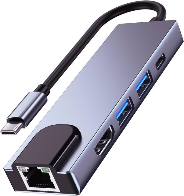 5-in-1 Type-c Hub USB C Adapter with RJ45 Ethernet HDMI USB 3.0 Ports and Type-c Power Delivery for Laptop Tablet and Smartphone