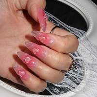 Faux ongles à presser en acrylique transparent effet gelée, longs, forme amande, avec motif cœur 3D pailleté, effet vague de couleur rose pêche, personnalisables, pour rendez-vous et trajets quotidiens