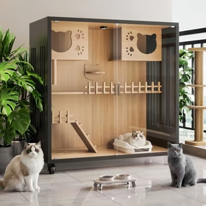 Moderne <span class=keywords><strong>extra</strong></span> grote luxe houten kattenhuis buitenverblijf voor huisdieren met ruimte voor een kattenkooi, duurzaam ontwerp, dierenprint - Product Image 3