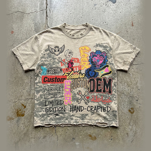 เสื้อยืดผู้ชายสไตล์สตรีทแวร์ทรงโอเวอร์ไซส์ ไหล่ตก ตัดเย็บทรงบ็อกซี่ พิมพ์ลายดิจิทัลแบบวินเทจ ผ้าฝ้ายแท้ 100% สไตล์ดิสเทรส - Product Image 1
