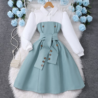 Printemps Été 2025 Robes de Fille Mode Patchwork Haute Qualité Manches Longues avec Boutons Design Vêtements Décontractés pour Filles