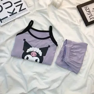 Conjunto de pijamas infantis de desenho animado para meninas, top de seda gelada de verão para crianças médias e grandes, sem mangas, Kulomie