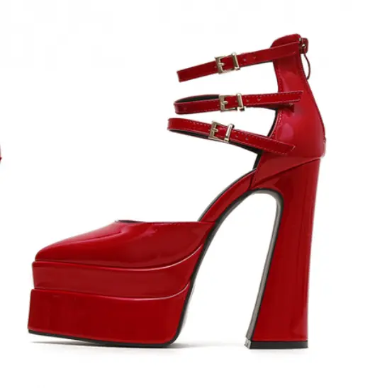 XINZI RAIN Custom Handmade Ladies Sandals Pointy Toe Patent Leather 14.5cm Chunky Women High Heel Platform Sandals