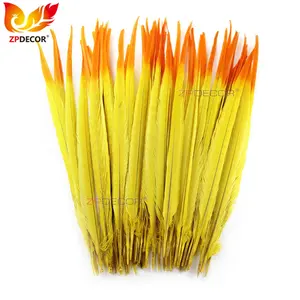 ZPDECOR Wholesale Selected Quality Stock 50-55 cm Bleached Dyed Yellow Ringneck Pheasant Tail Feathers with Orange Tip for Sale