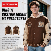 Blouson universitaire unisexe en mélange de laine marron, coupe-vent écologique, à capuche, col montant, avec broderie écusson lettre M en chenille et étoiles sur le devant