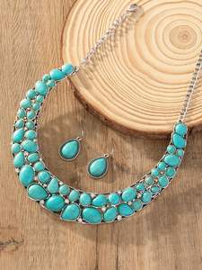 Ensemble collier et boucles d'oreilles en acier inoxydable et pierre turquoise, style bohème occidental ethnique vintage indien, nouvelle collection 2025, vente en gros - Product Image 3