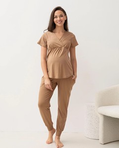 Ensemble pyjama de maternité 2 pièces col en V, pantalon long taille haute, manches courtes, respirant en rayonne - Product Image 4