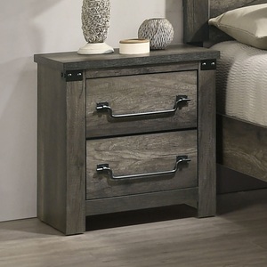 Rustic Gray Wooden Nightstand 2 <b>Drawer</b> Melamine Paper Antique Brass Drop Handles Bedroom <b>Storage</b> <b>Drawer</b> Unit - Product Image 2