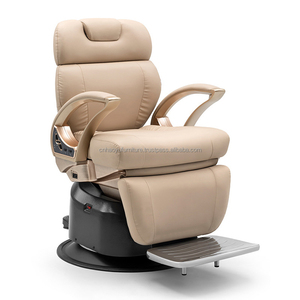 Sillón de Barbería Ergonómico de Cuero Beige de Lujo Moderno, Eléctrico con 3 Motores, Reclinable y Ajustable en Altura para Barbería y Taller - Product Image 1