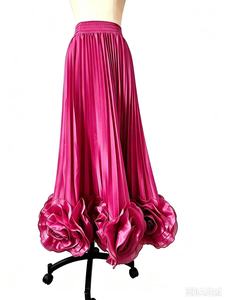Nuova <span class=keywords><strong>Gonna</strong></span> <span class=keywords><strong>Lunga</strong></span> a Vita Alta con Elastico, Linea ad A, con Rose Tridimensionali, Pieghe e Bordo Arricciato, Stile Elegante - Product Image 3