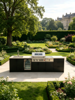 Station de cuisine extérieure tout-en-un robuste et réglable en acier inoxydable avec barbecue à gaz, évier, robinet et porte vitrée sous comptoir