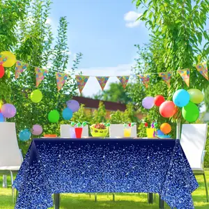 Taplak meja persegi panjang biru tua dan perak, taplak meja pesta ulang tahun pernikahan dalam ruangan berkilau biru sekali pakai