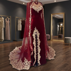 Elegant <b>Burgundy</b> <b>Velvet</b> Evening Gown Lace Applique Watteau Train Strapless Neck Sleeveless Sheath <b>Dress</b> Empire Mermaid Prom - Product Image 3