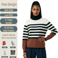 Pull en tricot noir pour femme, col en V contrastant, style preppy classique, tricot à blocs de couleurs 3 tons, pull rayé