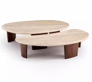 Venta directa de fábrica, <span class=keywords><strong>mesa</strong></span> central con patas de madera maciza, <span class=keywords><strong>mesa</strong></span> de <span class=keywords><strong>centro</strong></span> moderna Irregular de <span class=keywords><strong>travertino</strong></span> para sala de estar de lujo - Product Image 1
