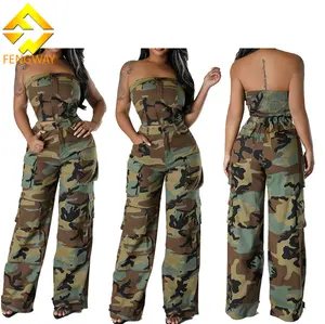 2023 Hot Selling Crop Tube Top 2 Piece Set Fall Women's Clothing Fashion Camouflage Pocket Pants Set