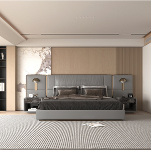 Luxury Room Furniture Bedroom Set <b>Queen</b> King <b>Size</b> <b>Bed</b> Fram Italian Grey Leather Double <b>Bed</b> - Product Image 1