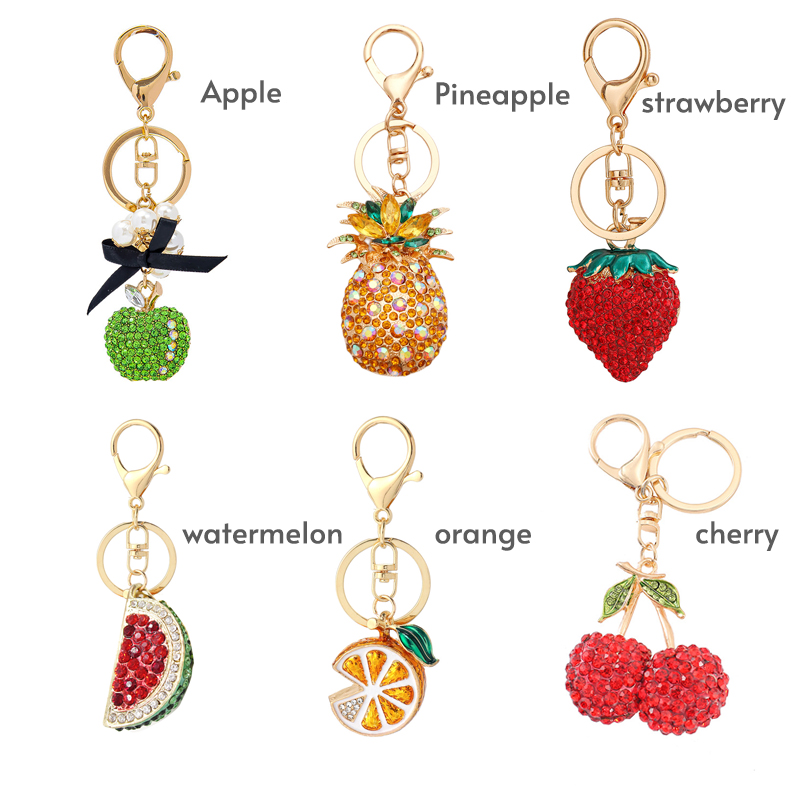 Portachiavi alla moda con strass in metallo e cristallo con diamanti e frutta con anello portachiavi ananas fragola arance ciliegia frutta portachiavi