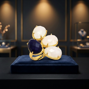 Rhodium Plated Glass Gemstone <b>Ring</b> with Stunning Royal Blue & White Color Combination - Product Image 3