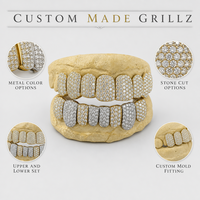 Grillz bicolores sertis de pierres, jaune et argent, ensemble complet supérieur et inférieur, bijoux sur mesure pour hommes et femmes