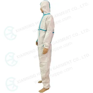 Disposable hooded EN14126 coverall with heat tape seam