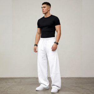 <b>Men's</b> <b>White</b> Sweatpants Elastic Waist Drawstring Casual Style 100% Cotton Breathable Side Pockets Spring Wear - Product Image 1