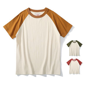 새로운 라글란 반팔 티셔츠 빈티지 컬러 블록 유니섹스 크루 넥 티셔츠 - Product Image 2