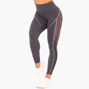 High Waist Full Length <b>Leggings</b> With Dot <b>Pattern</b> And Mesh Panels Sporty Stretch Knitted Spandex Polyester <b>Women's</b> Fitness Wear - Product Image 1