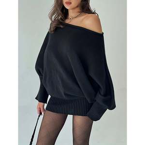 Pull décontracté à col asymétrique pour femme, gris, épaules dénudées, tricot oversize, manches longues, mode hiver - Product Image 3
