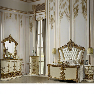 Luxueux ensemble de chambre à coucher King de Californie en 5 pièces cadre en bois de teck d'or royal lit King Panel meubles de chambre à coucher indiens de Style européen - Product Image 1
