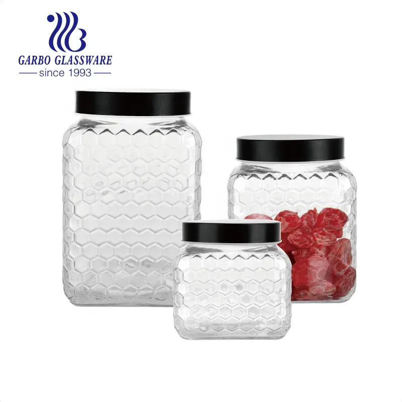 1200ML 1800ML 2300ML multi sizes embossed glass storage jars square shape kitchen serving glass canister with plastic screw lid