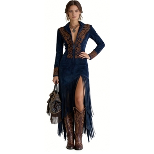 Vestido <span class=keywords><strong>de</strong></span> <span class=keywords><strong>Mujer</strong></span> Estilo Vaquero con Flecos <span class=keywords><strong>de</strong></span> Ante Sintético, Bordado y Cierre Frontal, Ajustado al Cuerpo, Moda Sehe - Product Image 3