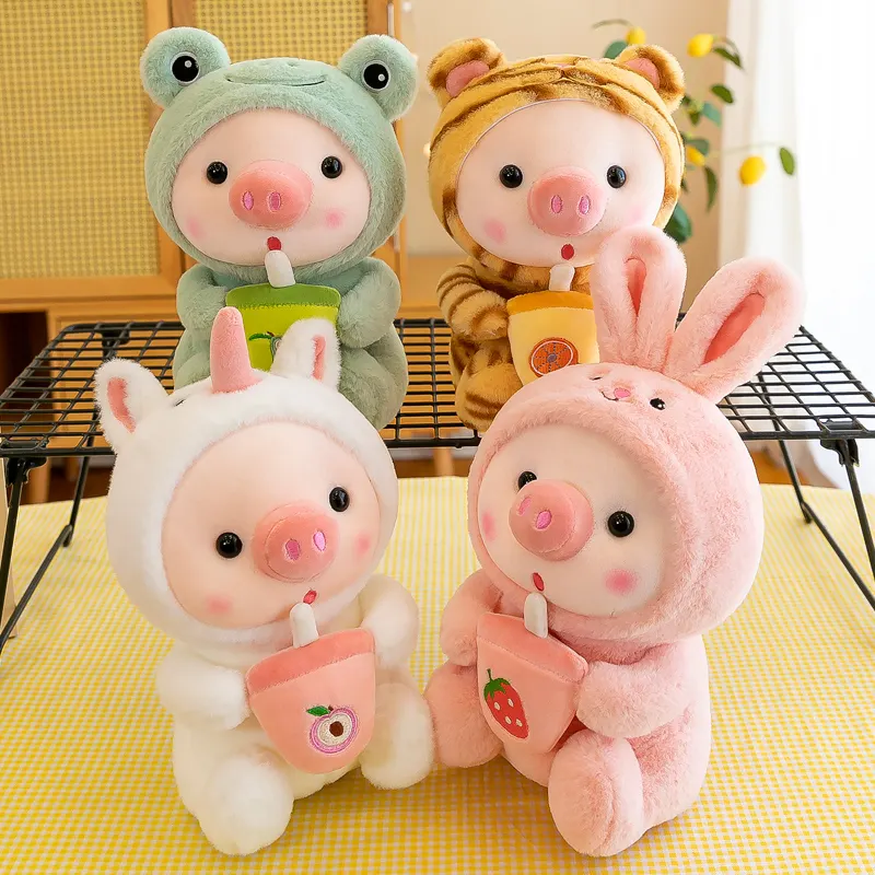 High Quality Small Cute Boba Pig Plushies Stuffed Animal Unicorn Tiger Rabbit Frog Plush Soft Bubble Tea Toys