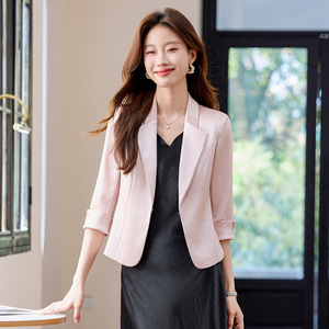 Women's Acetate Satin <b>Blazer</b> Three Quarter Sleeve Lightweight Breathable Black Suit <b>Set</b> For Summer Style - Product Image 2