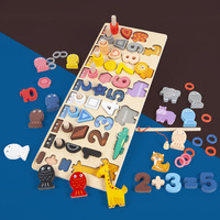 Jouet éducatif en bois 4-en-1 : planche d'apprentissage des nombres pour enfants avec jeu de pêche, reconnaissance des formes et des animaux