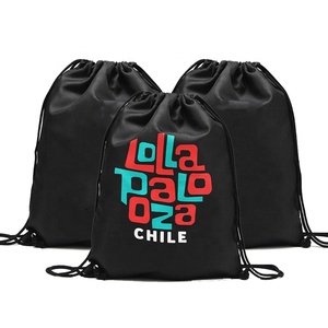 Fashionable Custom Logo Casual Sports Backpacks Reusable Black Drawstring Bags Promotional Polyester RPET Nylon Shopping Bag