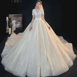 Gaun Pengantin Pesta Berkilau Seluruh Mutiara Penuh dengan Kapel Kereta Abiti Da Sposa V-neck Berenda Lengan Pendek Gaun Cantik