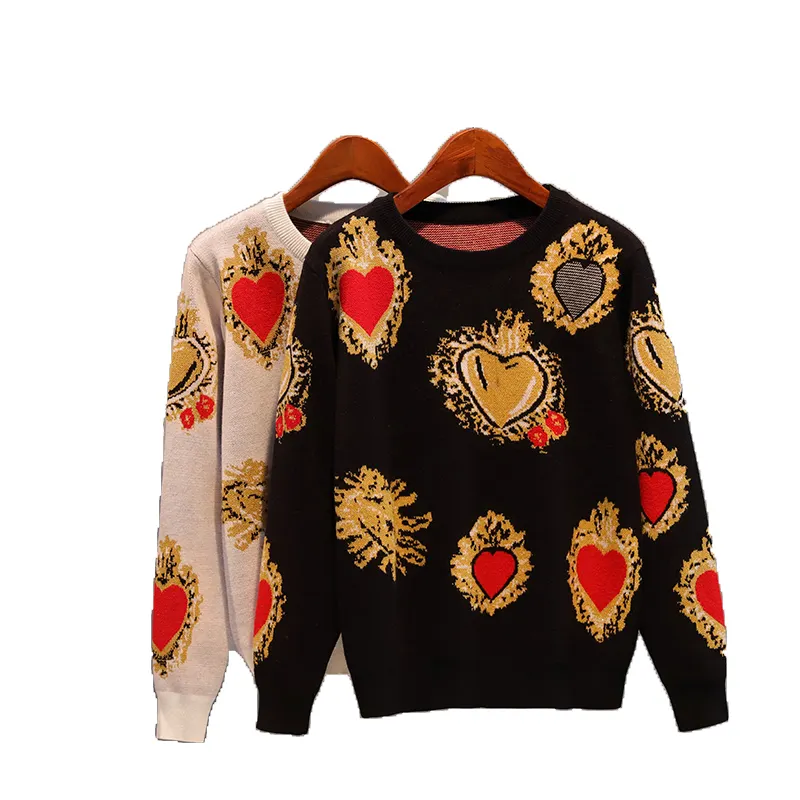 OEM-suéter jacquard personalizado para mujer, Jersey de punto de cuello redondo con patrón de corazón, moda personalizada