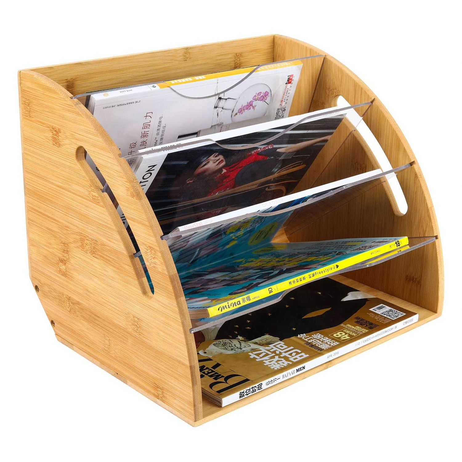 Оптовая продажа, офисный Настольный органайзер из натурального бамбука в форме веера для файлов, папка-органайзер, коробка-стойка с акриловыми разделителями для файлов, документов A4