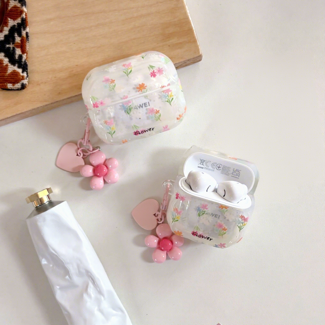INS Korean Style Colorful Floral Earphones case for AirPods 4 Pro 2 3 with Exquisite Pendant Chain Protect Cover Wholesale